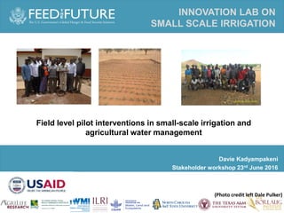 Photo Credit Goes Here
Field level pilot interventions in small-scale irrigation and
agricultural water management
INNOVATION LAB ON
SMALL SCALE IRRIGATION
Davie Kadyampakeni
Stakeholder workshop 23rd June 2016
(Photo credit left Dale Pulker)
 