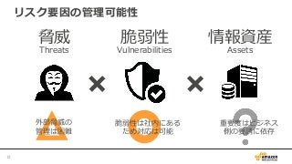 リスク要因の管理理可能性
12	
脅威 脆弱性 情報資産
Threats Vulnerabilities Assets
外部脅威の
管理理は困難
脆弱性は社内にある
ため対応は可能
重要度度はビジネス
側の要請に依存
 