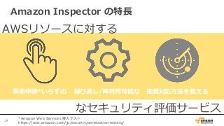 Amazon  Inspector  の特⻑⾧長
24	
事前申請*いらずの 繰り返し/再利利⽤用可能な 推奨対応⽅方法を教える
AWSリソースに対する
なセキュリティ評価サービス
*Amazon  Web  Services  侵⼊入テスト
https://aws.amazon.com/jp/security/penetration-‐‑‒testing/
 