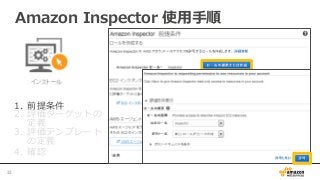 1.  前提条件
2.  評価ターゲットの
定義
3.  評価テンプレート
の定義
4.  確認
Amazon  Inspector  使⽤用⼿手順
33	
 