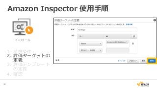 1.  前提条件
2.  評価ターゲットの
定義
3.  評価テンプレート
の定義
4.  確認
Amazon  Inspector  使⽤用⼿手順
39	
 