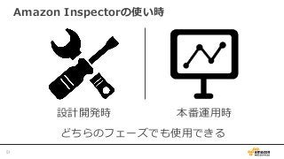 Amazon  Inspectorの使い時
51	
設計開発時 本番運⽤用時
どちらのフェーズでも使⽤用できる
 