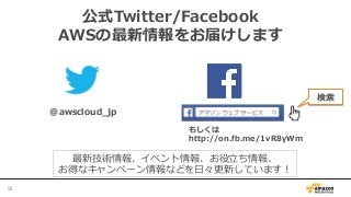 公式Twitter/Facebook
AWSの最新情報をお届けします
@awscloud_̲jp
検索索
最新技術情報、イベント情報、お役⽴立立ち情報、
お得なキャンペーン情報などを⽇日々更更新しています！
もしくは
http://on.fb.me/1vR8yWm
58	
 