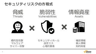 セキュリティリスクの⽅方程式
9	
脅威 脆弱性 情報資産
Threats Vulnerabilities Assets
標的型攻撃
マルウェア
サイバー攻撃
セキュリティホール
設定ミス
⼼心理理的要素
機密情報
個⼈人情報
知的財産
 