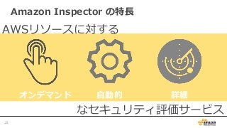 Amazon  Inspector  の特⻑⾧長
23	
オンデマンド ⾃自動的 詳細
AWSリソースに対する
なセキュリティ評価サービス
 