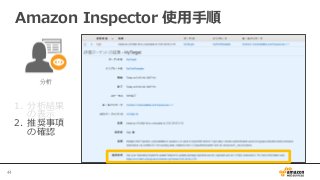 1.  分析結果
の表⽰示
2.  推奨事項
の確認
Amazon  Inspector  使⽤用⼿手順
44	
 