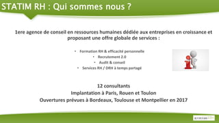 STATIM RH : Qui sommes nous ?
1ere agence de conseil en ressources humaines dédiée aux entreprises en croissance et
proposant une offre globale de services :
• Formation RH & efficacité personnelle
• Recrutement 2.0
• Audit & conseil
• Services RH / DRH à temps partagé
12 consultants
Implantation à Paris, Rouen et Toulon
Ouvertures prévues à Bordeaux, Toulouse et Montpellier en 2017
 
