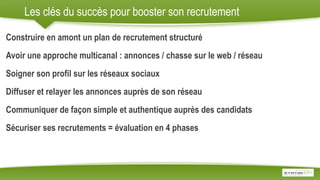 Les clés du succès pour booster son recrutement
Construire en amont un plan de recrutement structuré
Avoir une approche multicanal : annonces / chasse sur le web / réseau
Soigner son profil sur les réseaux sociaux
Diffuser et relayer les annonces auprès de son réseau
Communiquer de façon simple et authentique auprès des candidats
Sécuriser ses recrutements = évaluation en 4 phases
 