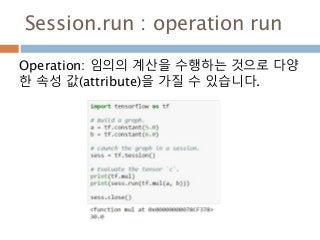 Session.run : operation run
Operation: 임의의 계산을 수행하는 것으로 다양
한 속성 값(attribute)을 가질 수 있습니다.
 