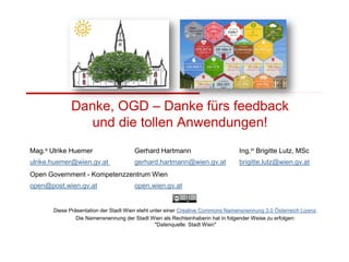 Diese Präsentation der Stadt Wien steht unter einer Creative Commons Namensnennung 3.0 Österreich Lizenz.
Die Namensnennung der Stadt Wien als Rechteinhaberin hat in folgender Weise zu erfolgen:
"Datenquelle: Stadt Wien"
Mag.a Ulrike Huemer Gerhard Hartmann Ing.in Brigitte Lutz, MSc
ulrike.huemer@wien.gv.at gerhard.hartmann@wien.gv.at brigitte.lutz@wien.gv.at
Open Government - Kompetenzzentrum Wien
open@post.wien.gv.at open.wien.gv.at
Danke, OGD – Danke fürs feedback
und die tollen Anwendungen!
 