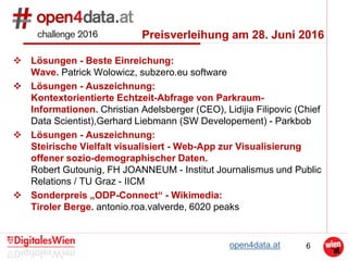 6
 Lösungen - Beste Einreichung:
Wave. Patrick Wolowicz, subzero.eu software
 Lösungen - Auszeichnung:
Kontextorientierte Echtzeit-Abfrage von Parkraum-
Informationen. Christian Adelsberger (CEO), Lidijia Filipovic (Chief
Data Scientist),Gerhard Liebmann (SW Developement) - Parkbob
 Lösungen - Auszeichnung:
Steirische Vielfalt visualisiert - Web-App zur Visualisierung
offener sozio-demographischer Daten.
Robert Gutounig, FH JOANNEUM - Institut Journalismus und Public
Relations / TU Graz - IICM
 Sonderpreis „ODP-Connect“ - Wikimedia:
Tiroler Berge. antonio.roa.valverde, 6020 peaks
open4data.at
Preisverleihung am 28. Juni 2016
 