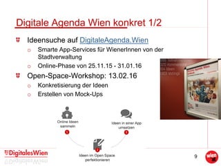 9
Digitale Agenda Wien konkret 1/2
Ideensuche auf DigitaleAgenda.Wien
o Smarte App-Services für WienerInnen von der
Stadtverwaltung
o Online-Phase von 25.11.15 - 31.01.16
Open-Space-Workshop: 13.02.16
o Konkretisierung der Ideen
o Erstellen von Mock-Ups
 