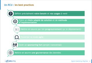 © 55
Un RCU : les best practices
Définir précisément votre besoin et vos usages à venir
Faire un choix adapté de solution et de méthode
d’implémentation
Mettre en œuvre par lot/progressivement (yc le déploiement)
Favoriser le mode agile
Avoir un sponsoring fort (projet transversal)
Mettre en œuvre une gouvernance des données
 