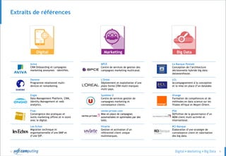 © 9
Extraits de références
Digital Marketing Big Data
Aviva
CRM Onboarding et campagnes
marketing anonymes – identifiés.
Danone
Programme relationnel multi-
devices et remarketing.
Engie
Data Management Platform, CRM,
Identity Management et web
analytics.
Fnac
Convergence des pratiques et
outils marketing offline et in store
avec le digital.
Les Echos
Migration technique et
organisationnelle d’une DMP et
d’une SSP.
BPCE
Centre de services de gestion des
campagnes marketing multicanal.
L'Oréal
Déploiement et exploitation d’une
plate-forme CRM multi-marques
multi-pays.
Système U
Centre de services gestion de
campagnes marketing et
connaissance clients.
vente-privee.com
Mise en place de campagnes
automatisées et optimisées par des
tests.
Vivarte
Gestion et activation d’un
référentiel client unique
multimarques.
La Banque Postale
Conception de l’architecture
décisionnelle hybride big data –
datawarehouse.
LCL
Accompagnement à la conception
et la mise en place d’un datalake.
Orange
Formation de compétences et de
méthodes en data science sur les
filiales Afrique et Moyen-Orient.
PSA
Définition de la gouvernance d’un
MDM client multi-activité et
international.
RCI Banque
Elaboration d’une stratégie de
connaissance client et valorisation
des big data.
 