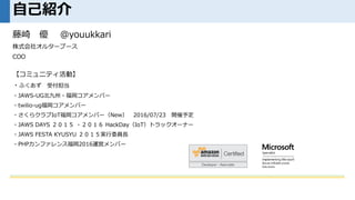 藤崎 優 @youukkari
株式会社オルターブース
COO
【コミュニティ活動】
・ふくあず 受付担当
・JAWS-UG北九州・福岡コアメンバー
・twilio-ug福岡コアメンバー
・さくらクラブIoT福岡コアメンバー（New） 2016/07/23 開催予定
・JAWS DAYS ２０１５ ・２０１６ HackDay（IoT）トラックオーナー
・JAWS FESTA KYUSYU ２０１５実行委員長
・PHPカンファレンス福岡2016運営メンバー
自己紹介
 