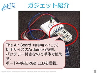 Copyright © 2016 Advanced IT Consortium to Evaluate, Apply and Drive All Rights Reserved.
ガジェット紹介
8
The Air Board（制御用マイコン）...