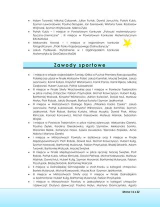 Strona 16 z 22
 Adam Turowski, Mikołaj Cabanek, Julian Furtak, Dawid Januchta, Patryk Kubis,
Szymon Lewandowski, Paulina Skrzypek, Jan Szeniawski, Wiktoria Turek, Radosław
Wojtczak, Szymon Wojtkowiak, Milena Żyża
 Patryk Kubis – I miejsce w Powiatowym Konkursie „Potyczki matematyczno-
fizyczno-chemiczne” , III miejsce w Powiatowym Konkursie Matematycznym
RATAMAGA
 Aleksandra Nowak – I miejsce w regionalnym konkursie
fotograficznym „Ptaki Parku Krajobrazowego Doliny Baryczy”
 Jakub Podlewski- Wyróżnienie w I Ogólnopolskim Konkursie
Matematyka & GeoGebra MaGIK
Z a w o d y s p o r t o w e
 I miejsce w etapie wojewódzkim Turnieju Orlika o Puchar Premiera Rzeczpospolitej
Polskiej oaz udział w Finale Mistrzostw Polski: Jakub Kamiński, Maciej Świątek, Jakub
Leonowicz, Kamil Kabza, Krzysztof Wiktorowicz, Kamil Panas, Kamil Rękas, Mikołaj
Czajkowski, Hubert Juszczuk, Patryk Łukaszewski
 III miejsce w Finale Strefy Wrocławskiej oraz I miejsce w Powiecie Trzebnickim
w piłce nożnej chłopców: Fabian Przystuplak, Michał Krawczyszyn, Hubert Kulig,
Bartłomiej Walczak, Krzysztof Wiktorowicz, Adrian Kwiecień, Dawid Muś, Mateusz
Małys, Piotr Robak, Jakub Skrzypek, Bartosz Kuriata i Szymon Jędrkowiak
 III miejsce w Mistrzostwach Dolnego Śląska „Piłkarska Kadra Czeka”: Jakub
Leonowicz, Patryk Łukaszewski, Krzysztof Wiktorowicz, Jakub Kamiński, Szymon
Jędrkowiak, Piotr Robak, Bartosz Kuriata, Miłosz Muzyka, Dawid Ptak, Miłosz
Klimczak, Konrad Koncewicz, Michał Krzeszowski, Mateusz Miziniak, Sebastian
Wojda
 I miejsce w Powiecie Trzebnickim w piłce nożnej dziewcząt: Aleksandra Giereło,
Paulina Ziętek, Karolina Gierakowska, Agata Szymków, Aleksandra Samiło,
Weronika Bielak, Katarzyna Hossa, Sylwia Gruszecka, Weronika Popielas, Anna
Nalota i Martyna Gereło
 I miejsce w Mistrzostwach Powiatu w siatkówce oraz II miejsce w Finale
Międzypowiatowym: Piotr Robak, Dawid Muś, Michał Krawczyszyn, Hubert Kulig,
Szymon Morawski, Bartłomiej Mularczyk, Fabian Przystuplak, Błażej Składnik, Adam
Turowski, Bartłomiej Walczak, Maciej Świątek
 III miejsce w Finale Międzypowiatowym w piłce ręcznej: Maciej Świątek, Piotr
Robak, Patryk Kubis, Miłosz Klimczak, Dawid Pietrzak, Michał Krzeszowski, Mateusz
Miziniak, Dawid Muś, Hubert Kulig, Szymon Morawski, Bartłomiej Mularczyk, Fabian
Przystuplak, Błażej Składnik, Bartłomiej Walczak
 II miejsce w Dolnośląskiej Gimnazjadzie w short-tracku w kategorii chłopców:
Bartek Mularczyk, Michał Krzeszowski, Maciej Kruk i Szymon Jędrkowiak.
 III miejsce w Mistrzostwach Strefy oraz V miejsce w Finale Dolnośląskim
w badmintonie: Hubert Kulig, Bartłomiej Mularczyk, Fabian Przystuplak
 I miejsce w Mistrzostwach Powiatu w Lekkoatletyce w kategorii chłopców
i dziewcząt: Drużyna dziewcząt: Paulina Małys, Martyna Gromczyńska, Agata
 