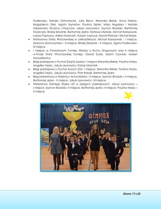 Strona 17 z 22
Podlewska, Natalia Ostromecka, Julia Bierut, Weronika Bielak, Anna Nalota,
Magdalena Oleś, Agata Szymków, Paulina Ziętek, Maja Nogalska i Natalia
Zakrzewska; Drużyna chłopców: Jakub Leonowicz, Szymon Brodala, Bartłomiej
Mularczyk, Błażej Składnik, Bartłomiej Jędra, Mateusz Miziniak, Michał Krzeszowski,
Łukasz Poprawa, Adrian Kwiecień, Hubert Juszczuk, Dawid Pietrzak i Michał Bober
 Mistrzostwa Strefy Wrocławskiej w Lekkoatletyce: Michał Krzeszowski - I miejsce,
Martyna Gromczyńska – II miejsce, Błażej Składnik – II miejsce, Agata Podlewska–
III miejsce
 I miejsce w Powiatowym Turnieju Wiedzy o Ruchu Drogowymi oraz II miejsce
w Finale Strefy Wrocławskiej Turnieju: Dawid Żurek, Adam Turowski, Hubert
Horoszkiewicz
 Biegi przełajowe o Puchar Święta Sadów: I miejsce Weronika Bielak, Paulina Małys,
Angelika Terpic, Jakub Leonowicz, Patryk Urbaniak
 Biegi przełajowe o Puchar Kocich Gór: I miejsce: Weronika Bielak, Paulina Małys,
Angelika Terpic, Jakub Leonowicz, Piotr Robak, Bartłomiej Jędra
 Bieg Sylwestrowy w Trzebnicy: Anna Nalota – II miejsce, Szymon Brodala – II miejsce,
Bartłomiej Jędra - II miejsce, Jakub Leonowicz - III miejsce
 Mistrzostwa Dolnego Śląska LZS w biegach przełajowych: Jakub Leonowicz –
I miejsce, Szymon Brodala– II miejsce, Bartłomiej Jędra– II miejsce, Paulina Małys –
II miejsce
 