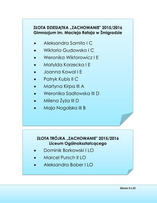 Strona 3 z 22
ZŁOTA DZIESIĄTKA „ZACHOWANIE" 2015/2016
Gimnazjum im. Macieja Rataja w Żmigrodzie
 Aleksandra Samiło I C
 Wiktoria Gudowska I C
 Weronika Wiktorowicz I E
 Matylda Korzecka I E
 Joanna Kowal I E
 Patryk Kubis II C
 Martyna Kirpa III A
 Weronika Sadłowska III D
 Milena Żyża III D
 Maja Nogalska III B
ZŁOTA TRÓJKA „ZACHOWANIE" 2015/2016
Liceum Ogólnokształcącego
 Dominik Borkowski I LO
 Marcel Pursch II LO
 Aleksandra Bober I LO
 