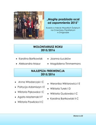 Strona 6 z 22
WOLONTARIUSZ ROKU
2015/2016
NAJLEPSZA FREKWENCJA
2015/2016
„Mogiłę pradziada ocal
od zapomnienia 2015”
Kwesta w trakcie Wszystkich Świętych
na Cmentarzu Parafialnym
w Żmigrodzie
 Karolina Bartkowiak
 Aleksandra Mazur
 Anna Włodarczyk I C
 Patrycja Adamiszyn I E
 Wiktoria Pękowska I C
 Agata Masternak II F
 Wiktoria Pawlicka II C
 Weronika Wiktorowicz I E
 Wiktoria Turek I D
 Wiktoria Gudowska I C
 Karolina Bartkowiak II C
 Joanna Łuczków
 Magdalena Timmermans
 
