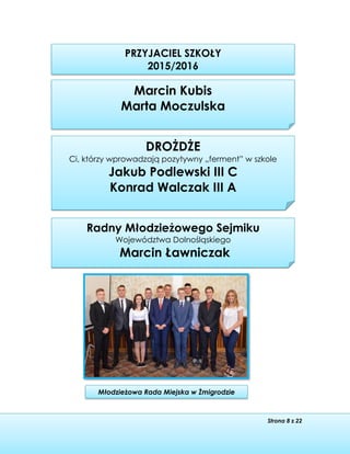 Strona 8 z 22
Marcin Kubis
Marta Moczulska
PRZYJACIEL SZKOŁY
2015/2016
Radny Młodzieżowego Sejmiku
Województwa Dolnośląskiego
Marcin Ławniczak
DROŻDŻE
Ci, którzy wprowadzają pozytywny „ferment” w szkole
Jakub Podlewski III C
Konrad Walczak III A
Młodzieżowa Rada Miejska w Żmigrodzie
 