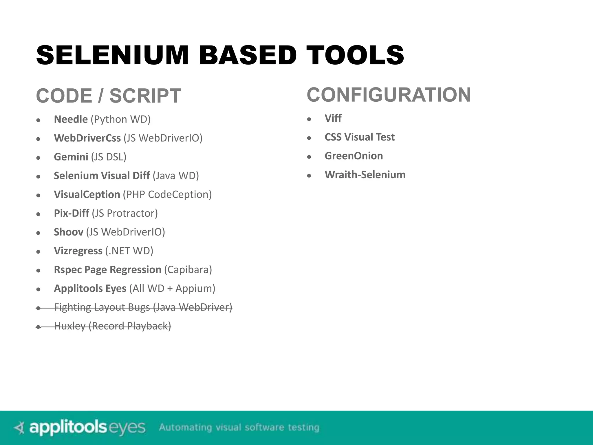SELENIUM BASED TOOLS CODE / SCRIPT ● Needle (Python WD) ● WebDriverCss (JS WebDriverIO) ● Gemini (JS DSL) ● Selenium Visual Diff (Java WD) ● VisualCeption (PHP CodeCeption) ● Pix-Diff (JS Protractor) ● Shoov (JS WebDriverIO) ● Vizregress (.NET WD) ● Rspec Page Regression (Capibara) ● Applitools Eyes (All WD + Appium) ● Fighting Layout Bugs (Java WebDriver) ● Huxley (Record Playback) CONFIGURATION ● Viff ● CSS Visual Test ● GreenOnion ● Wraith-Selenium 