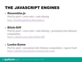 THE JAVASCRIPT ENGINES
 Resemble.js
Pixel by pixel + error ratio + anti-aliasing
http://huddle.github.io/Resemble.js
 Blink-Diff
Pixel by pixel + error ratio + anti-aliasing + perceptual color distance
computation
https://github.com/yahoo/blink-diff
 Looks-Same
Pixel by pixel + perceptual color distance computation + ignore Caret
https://github.com/gemini-testing/looks-same
 