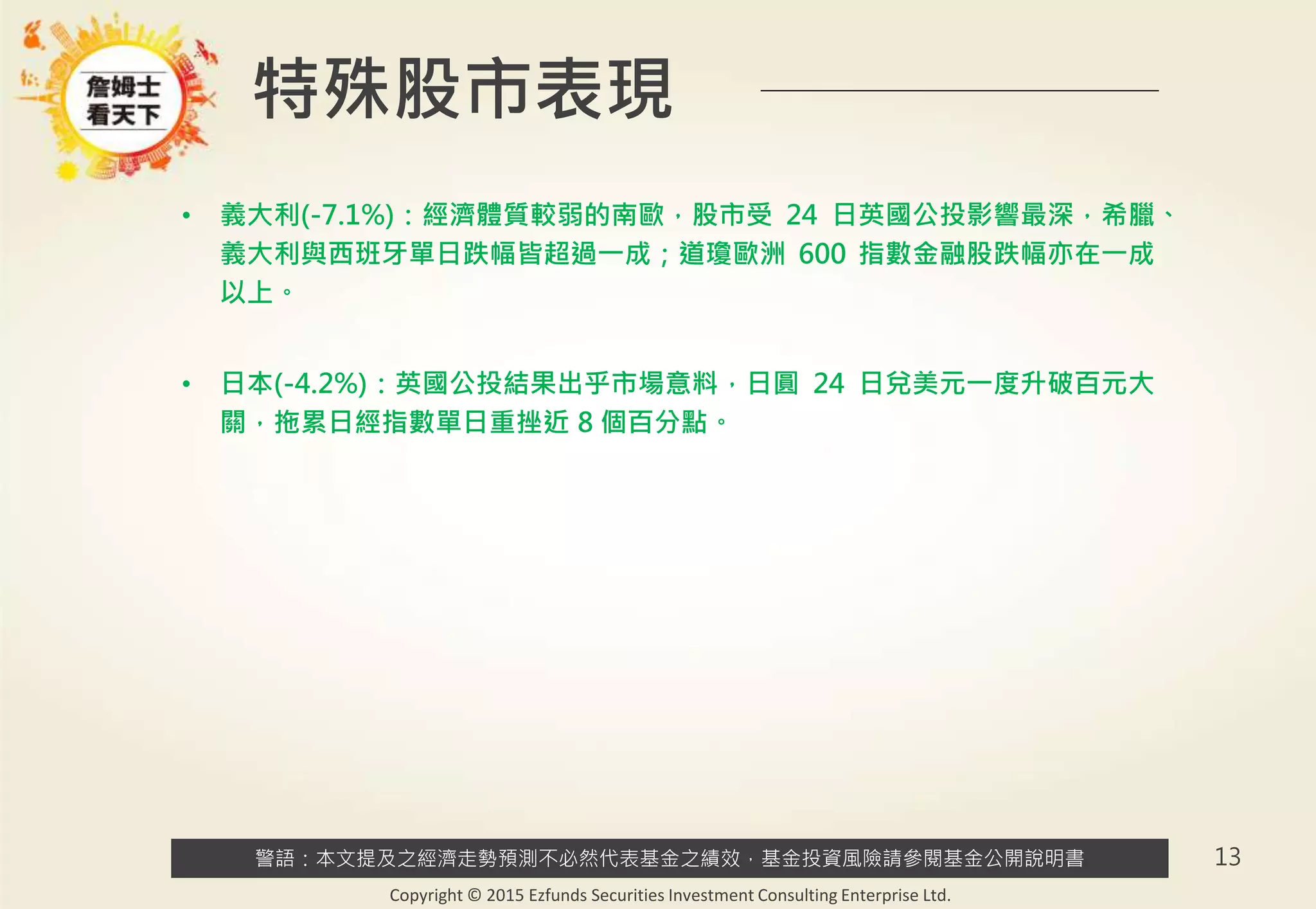 警語：本文提及之經濟走勢預測不必然代表基金之績效，基金投資風險請參閱基金公開說明書
Copyright © 2015 Ezfunds Securities Investment Consulting Enterprise Ltd.
13
特殊股市表現
• 義大利(-7.1%)：經濟體質較弱的南歐，股市受 24 日英國公投影響最深，希臘、
義大利與西班牙單日跌幅皆超過一成；道瓊歐洲 600 指數金融股跌幅亦在一成
以上。
• 日本(-4.2%)：英國公投結果出乎市場意料，日圓 24 日兌美元一度升破百元大
關，拖累日經指數單日重挫近 8 個百分點。
 