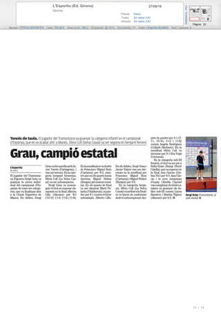 27/06/16L'Esportiu (Ed. Girona)
Gerona
Prensa: Diaria
Tirada: Sin datos OJD
Difusión: Sin datos OJD
Página: 22
Sección: OTROS DEPORTES Valor: 703,00 € Área (cm2): 190,3 Ocupación: 22,19 % Documento: 1/1 Autor: L'Esportiu BLANES Núm. Lectores: 0
Cód:103492634
16 / 16
 