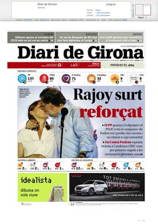 27/06/16Diari de Girona
Gerona
Prensa: Diaria
Tirada: 7.665 Ejemplares
Difusión: 5.523 Ejemplares
Página: 1
Sección: PORTADA Valor: 2.940,00 € Área (cm2): 1037,4 Ocupación: 100 % Documento: 1/1 Autor: Núm. Lectores: 42000
Cód:103489969
5 / 16
 