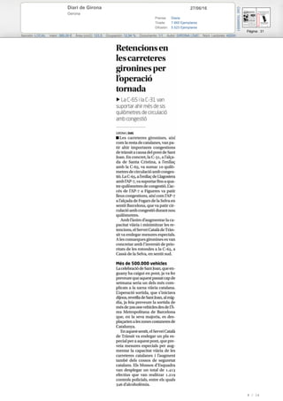 27/06/16Diari de Girona
Gerona
Prensa: Diaria
Tirada: 7.665 Ejemplares
Difusión: 5.523 Ejemplares
Página: 31
Sección: LOCAL Valor: 380,00 € Área (cm2): 123,5 Ocupación: 12,94 % Documento: 1/1 Autor: GIRONA | DdC Núm. Lectores: 42000
Cód:103490051
8 / 16
 