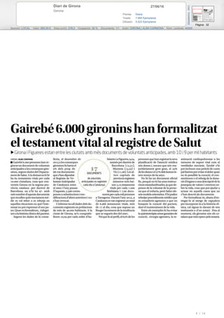 27/06/16Diari de Girona
Gerona
Prensa: Diaria
Tirada: 7.665 Ejemplares
Difusión: 5.523 Ejemplares
Página: 32
Sección: LOCAL Valor: 882,00 € Área (cm2): 278,2 Ocupación: 30 % Documento: 1/1 Autor: GIRONA | ALBA CARMONA Núm. Lectores: 42000
Cód:103490052
9 / 16
 