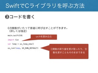 SwiftでCライブラリを呼ぶ方法
❸コードを書く
Cの関数がいたって普通に呼び出すことができます。
（詳しくは後述）
main.swiftの例
import Cuv
var loop = uv_loop_new()
uv_run(loop, UV_RUN_DEFAULT)
uv.hを読み込む
C関数の戻り値を受け取ったり、引数を渡す
こともそのままできる
 