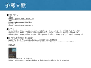 参考文献
⬛︎使用ライブラリ
libuv
https://github.com/libuv/libuv
Zewo
https://github.com/Zewo/Zewo
OpenSwift
https://github.com/open-swift
⬛︎先人たち
bontoJR/Wing (https://github.com/bontoJR/Wing) this week in Swiftに記事がリンクされた方
noppoMan/Suv (https://github.com/noppoMan/Suv) Tokyo Serverside Meetupで登壇された方
chriseidhof/libuv-test(https://github.com/chriseidhof/libuv-test) try! Swiftで登壇された方
⬛︎Cライブラリを呼ぶ時に参考になる資料
Apple The Swift Programming LanguageのC言語呼び出し関連の記述
https://developer.apple.com/library/ios/documentation/Swift/Conceptual/BuildingCocoaApps/InteractingWithCAPIs.html
詳解Swift
SwiftでC言語のライブラリを使おう
https://speakerdeck.com/yusukeito/swiftdecyan-yu-falseraiburariwoshi-ou
 