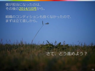 Copyright Drecom Co., Ltd. All Rights Reserved. 11
僕が担当になったのは、
その後の2014/10月から。
組織のコンディションも良くなかったので、
まずは立て直しから。
さて、どう進めよう？
 