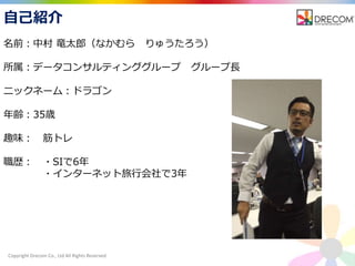 Copyright Drecom Co., Ltd All Rights Reserved.
自己紹介
名前：中村 竜太郎（なかむら りゅうたろう）
所属：データコンサルティンググループ グループ長
ニックネーム：ドラゴン
年齢：35歳
趣味： 筋トレ
職歴： ・SIで6年
・インターネット旅行会社で3年
 