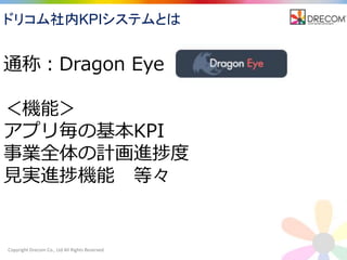 Copyright Drecom Co., Ltd All Rights Reserved.
通称：Dragon Eye
＜機能＞
アプリ毎の基本KPI
事業全体の計画進捗度
見実進捗機能 等々
ドリコム社内KPIシステムとは
 