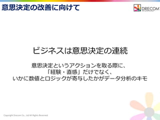 Copyright Drecom Co., Ltd All Rights Reserved.
意思決定の改善に向けて
ビジネスは意思決定の連続
意思決定というアクションを取る際に、
「経験・直感」だけでなく、
いかに数値とロジックが寄与したかがデータ分析のキモ
 
