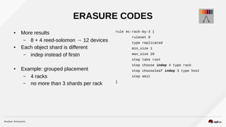 ERASURE CODES
● More results
– 8 + 4 reed-solomon → 12 devices
● Each object shard is different
– indep instead of firstn
● Example: grouped placement
– 4 racks
– no more than 3 shards per rack
rule ec-rack-by-3 {
ruleset 0
type replicated
min_size 1
max_size 20
step take root
step choose indep 4 type rack
step chooseleaf indep 3 type host
step emit
}
 