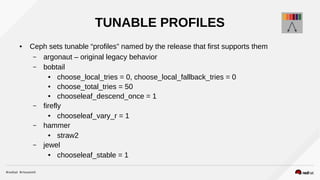 TUNABLE PROFILES
● Ceph sets tunable “profiles” named by the release that first supports them
– argonaut – original legacy behavior
– bobtail
● choose_local_tries = 0, choose_local_fallback_tries = 0
● choose_total_tries = 50
● chooseleaf_descend_once = 1
– firefly
● chooseleaf_vary_r = 1
– hammer
● straw2
– jewel
● chooseleaf_stable = 1
 