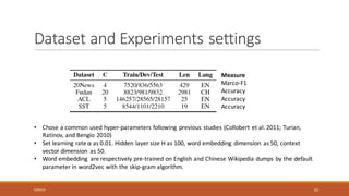 Dataset	and	Experiments	settings
Measure
Marco-F1
Accuracy
Accuracy
Accuracy
• Chose	a	common	used	hyper-parameters	following	 previous	studies	(Collobert et	al.	2011;	Turian,	
Ratinov,	and	Bengio 2010)
• Set	learning	rate	α as	0.01.	Hidden	layer	size	H	as	100,	word	embedding	 dimension	 as	50,	context	
vector	dimension	 as	50.	
• Word	embedding	 are	respectively	pre-trained	on	English	and	Chinese	Wikipedia	dumps	by	the	default	
parameter	in	word2vec	with	the	skip-gram	algorithm.
6/30/16 10
 