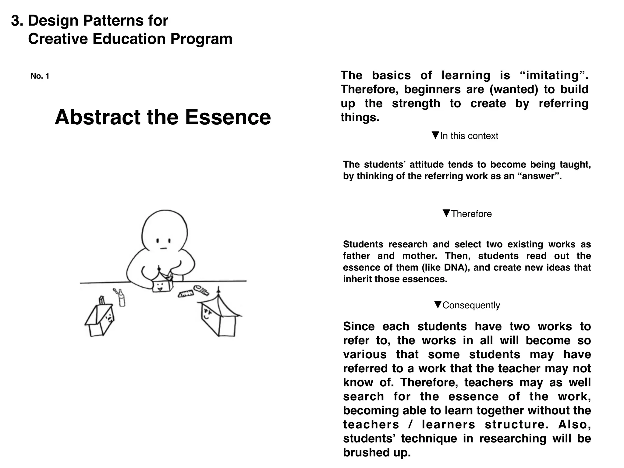 Since each students have two works to
refer to, the works in all will become so
various that some students may have
referred to a work that the teacher may not
know of. Therefore, teachers may as well
search for the essence of the work,
becoming able to learn together without the
teachers / learners structure. Also,
students’ technique in researching will be
brushed up.
Abstract the Essence
The basics of learning is “imitating”.
Therefore, beginners are (wanted) to build
up the strength to create by referring
things.
The students’ attitude tends to become being taught,
by thinking of the referring work as an “answer”.
Students research and select two existing works as
father and mother. Then, students read out the
essence of them (like DNA), and create new ideas that
inherit those essences.
▼Consequently
▼Therefore
▼In this context
No. 1
3. Design Patterns for
Creative Education Program
 