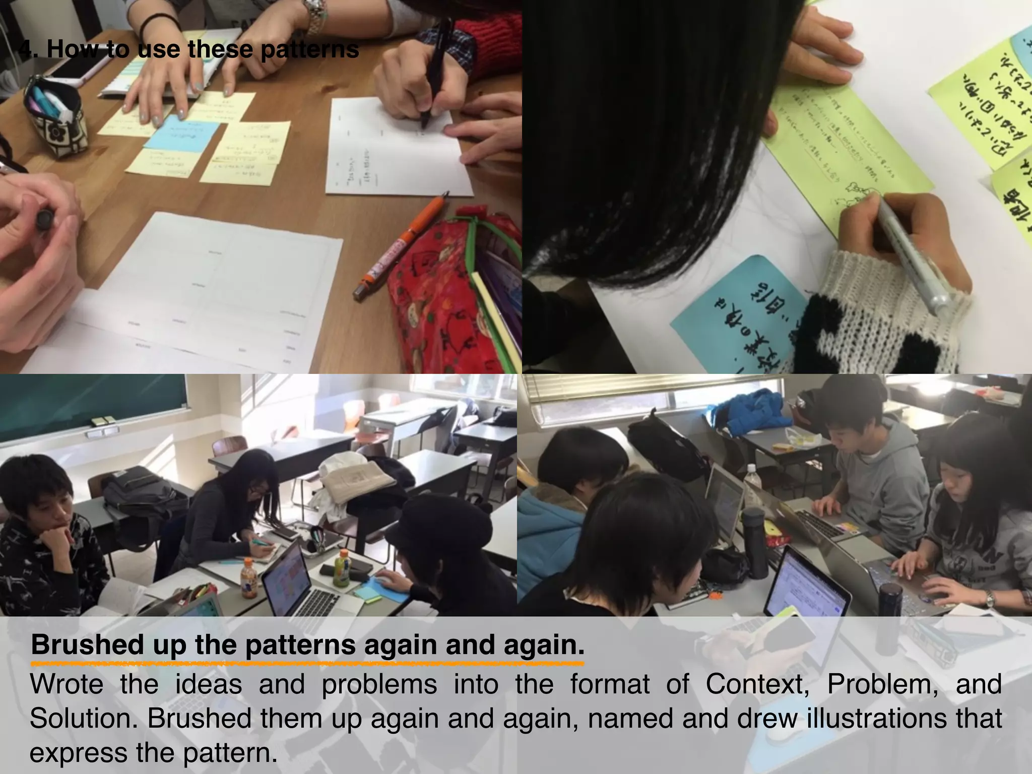 4. How to use these patterns
Brushed up the patterns again and again.
Wrote the ideas and problems into the format of Context, Problem, and
Solution. Brushed them up again and again, named and drew illustrations that
express the pattern.
 