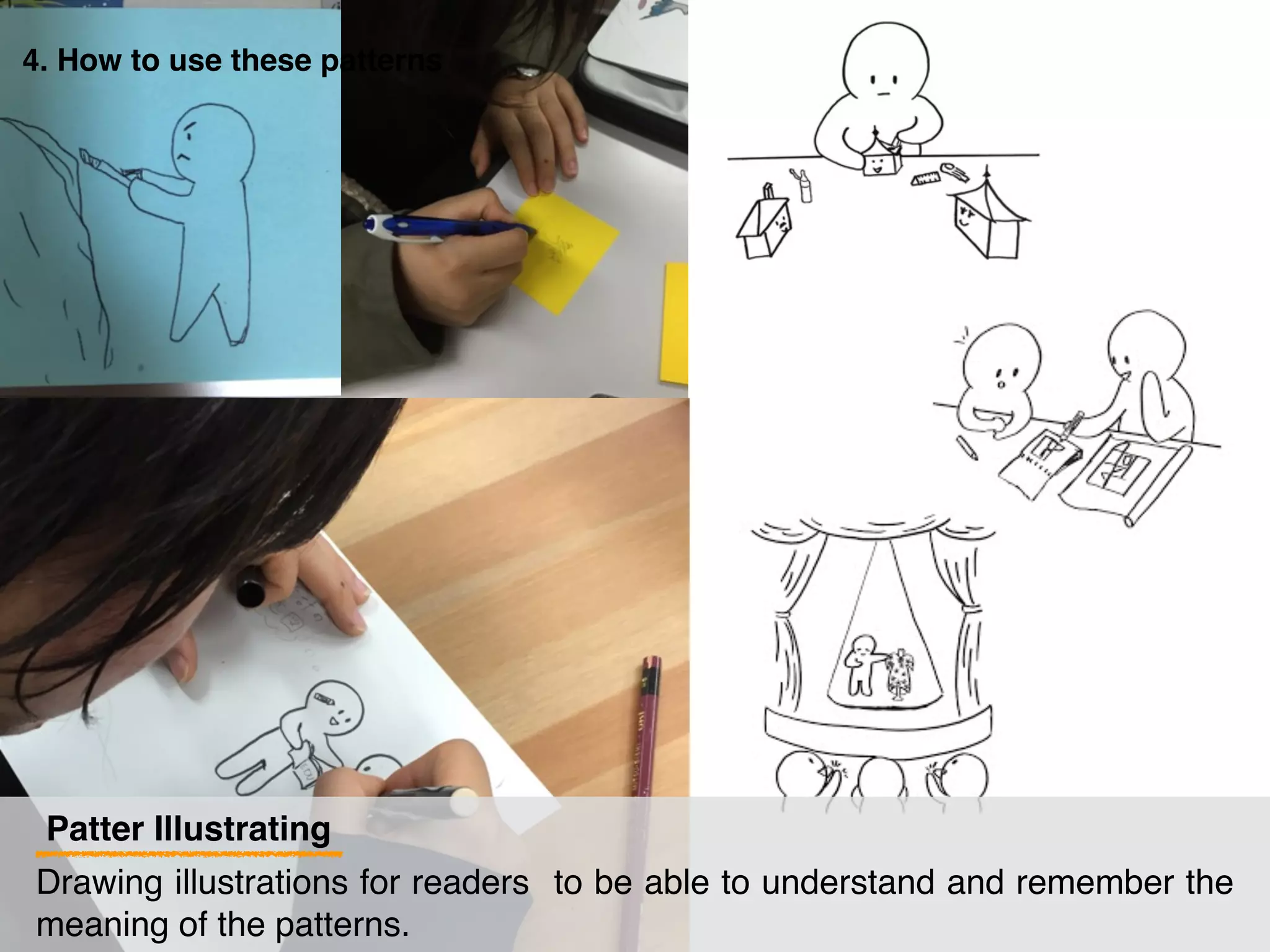 4. How to use these patterns
Patter Illustrating
Drawing illustrations for readers to be able to understand and remember the
meaning of the patterns.
 