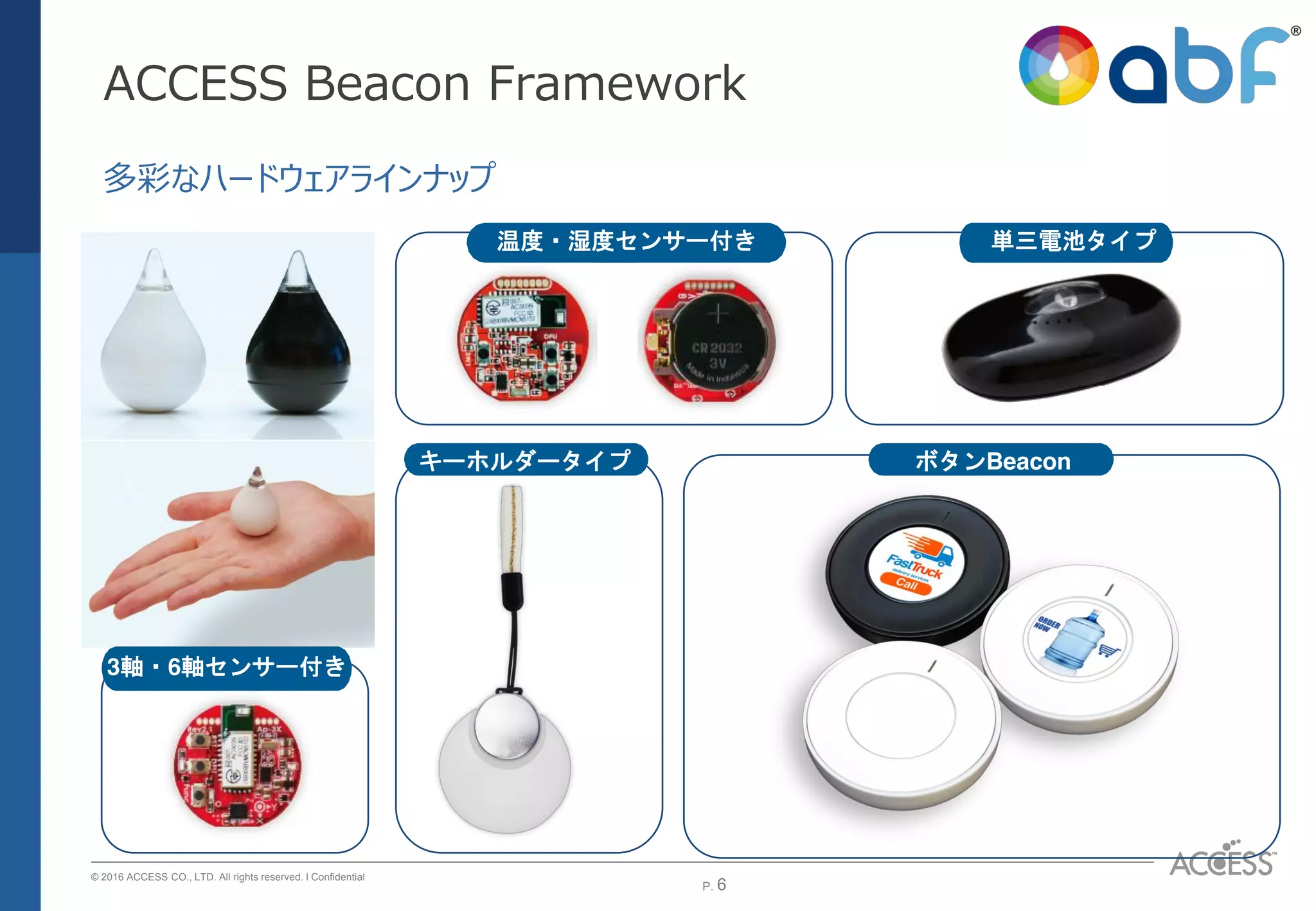 P. 6P. 6
© 2016 ACCESS CO., LTD. All rights reserved. l Conﬁdential
単三電池タイプ
ボタンBeacon
温度・湿度センサー付き 単三電池タイプ
キーホルダータイプ
ACCESS Beacon Framework
多彩なハードウェアラインナップ
3軸・6軸センサー付き
 