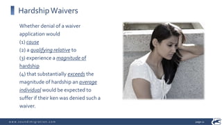 w w w . s o u n d i m i g r a t i o n . c o m
HardshipWaivers
page 11
Whether denial of a waiver
application would
(1) cause
(2) a qualifying relative to
(3) experience a magnitude of
hardship
(4) that substantially exceeds the
magnitude of hardship an average
individual would be expected to
suffer if their ken was denied such a
waiver.
 