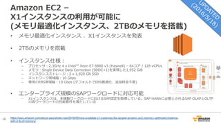 10
Amazon EC2 –
X1インスタンスの利用が可能に
(メモリ最適化インスタンス、2TBのメモリを搭載)
• メモリ最適化インスタンス 、X1インスタンスを発表
• 2TBのメモリを搭載
• インスタンス仕様：
– プロセッサ：2.3GHz 4 x Intel™ Xeon E7 8880 v3 (Haswell) – 64コア / 128 vCPUs
– メモリ：Single Device Data Correction (SDDC+1)を実現した1,952 GiB
– インスタンスストレージ：2 x 1,920 GB SSD
– ネットワーク帯域幅：10 Gbps
– 専用のEBS帯域幅：10 Gbps (デフォルトでEBS最適化、追加料金不要)
• エンタープライズ規模のSAPワークロードに対応可能
– X1インスタンスは、本稼動ワークロードにおけるSAP認定を取得している。SAP HANAに必要とされるSAP OLAPとOLTP
の両ワークロードの性能要件を満たしている
https://aws.amazon.com/about-aws/whats-new/2016/05/now-available-x1-instances-the-largest-amazon-ec2-memory-optimized-instance-
with-2-tb-of-memory/
 