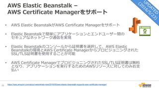 11
AWS Elastic Beanstalk –
AWS Certificate Managerをサポート
• AWS Elastic BeanstalkがAWS Certificate Managerをサポート
• Elastic Beanstalkで簡単にアプリケーションとエンドユーザー間の
セキュアなネットワーク通信を実現
• Elastic Beanstalkのコンソールから証明書を選択して、AWS Elastic
Beanstalkの環境とAWS Certificate Managerからプロビジョニングされた
SSL/TLS証明書を使用することが可能
• AWS Certificate ManagerでプロビジョニングされたSSL/TLS証明書は無料
となり、アプリケーションを実行するためのAWSリソースに対してのみお支
払い
https://aws.amazon.com/about-aws/whats-new/2016/05/aws-elastic-beanstalk-supports-aws-certificate-manager/
 