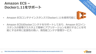 13
Amazon ECS –
Docker1.11をサポート
• Amazon ECSコンテナインスタンスでDocker1.11を使用可能に
• Amazon ECSはDockerコンテナをサポートしており、Amazon EC2イン
スタンスの管理クラスタ上で簡単にアプリケージョンを実行することを可
能にする非常に拡張性の高い、高性能コンテナ管理サービス
https://aws.amazon.com/about-aws/whats-new/2016/05/amazon-ec2-container-service-supports-docker-1-11/
 