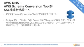 21
AWS DMS –
AWS Schema Conversion Toolが
SSL接続をサポート
• AWS Schema Conversion ToolがSSL接続をサポート
• PostgreSQL、Olacle、SQL ServerおよびAmazonの次世代データベース
Auroraを含む任意のMySQL互換性エンジンを含む、ソースとターゲット
両方に対して、 SSL接続をサポート
https://aws.amazon.com/about-aws/whats-new/2016/05/aws-schema-conversion-tool-now-supports-ssl-connections/
 